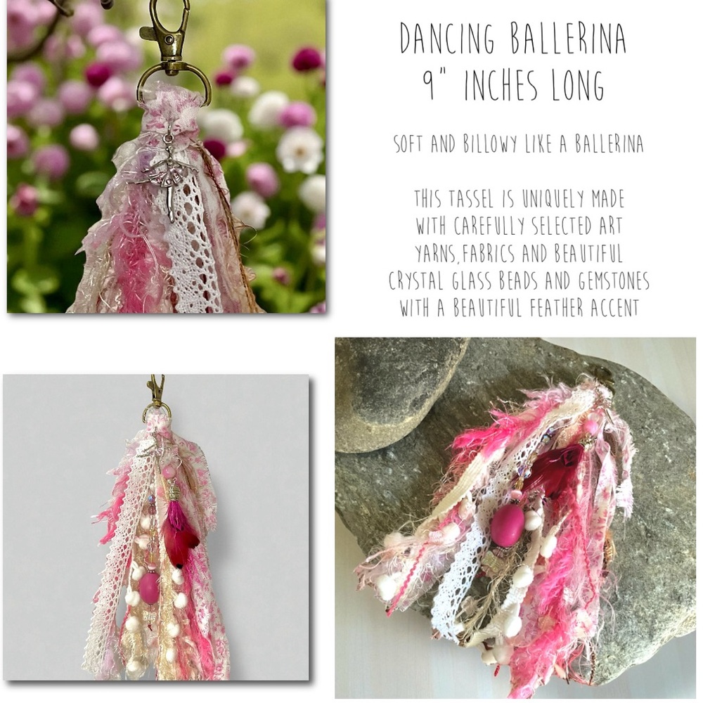 Ballerina Whimsical fiber art tassel bag charm with feathers